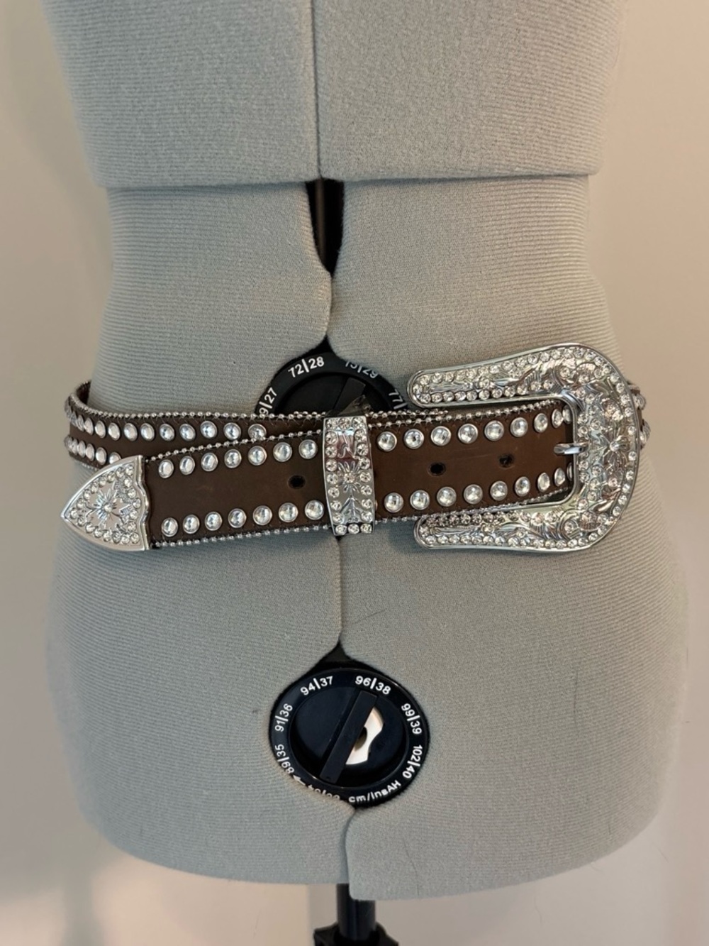 Rhinestone Embellished Brown Leather Belt
